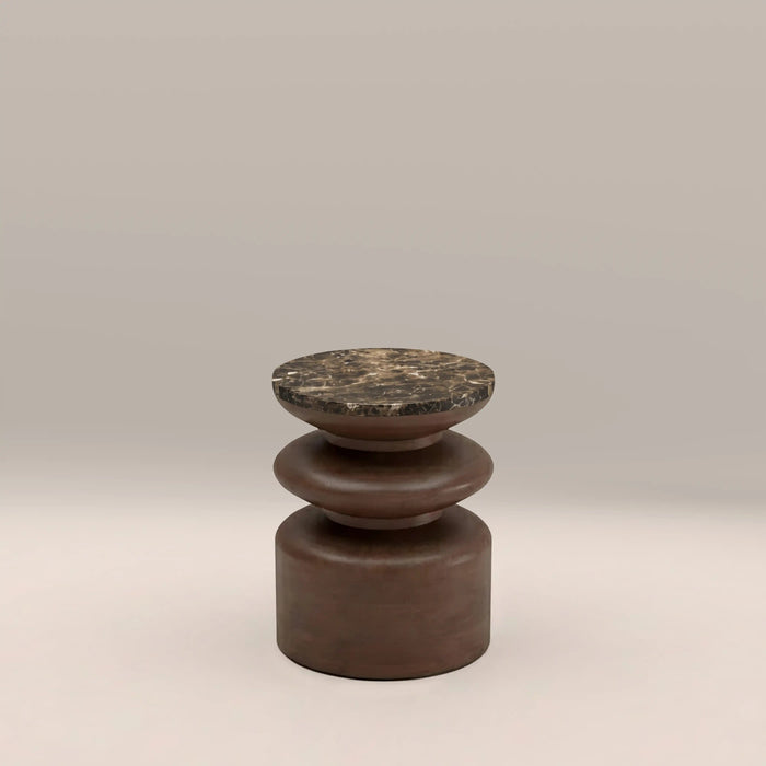 Leia Round Side Table Emperador Brown Honed Marble & Walnut