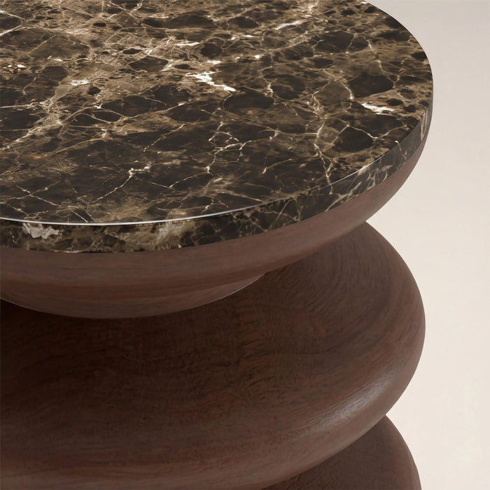 Leia Round Side Table Emperador Brown Honed Marble & Walnut