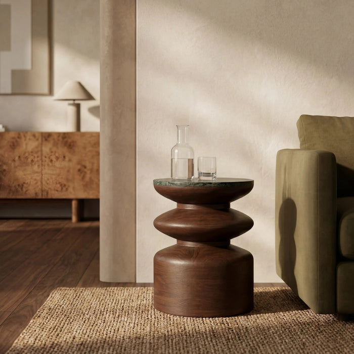 Leia Round Side Table Forest Green Honed Marble & Walnut