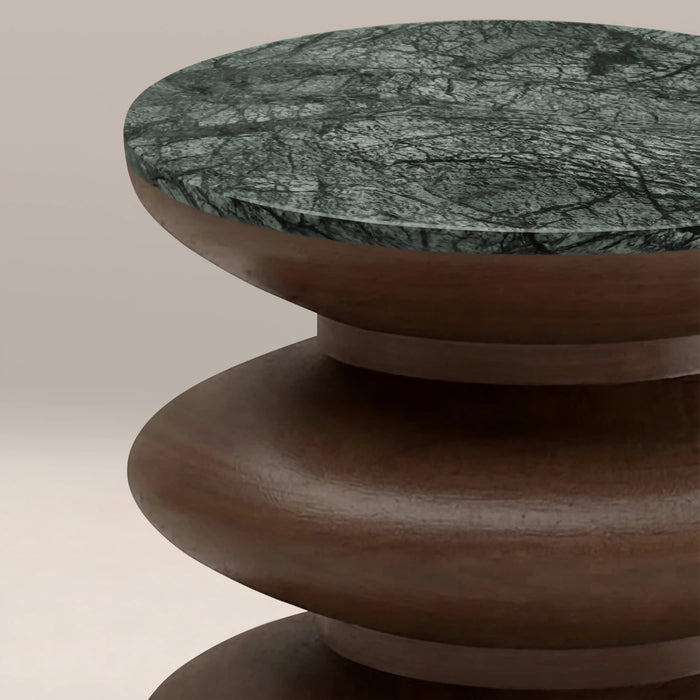 Leia Round Side Table Forest Green Honed Marble & Walnut