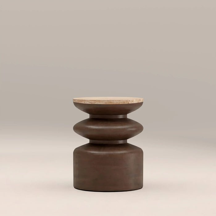 Leia Round Side Table Natural Travertine & Walnut