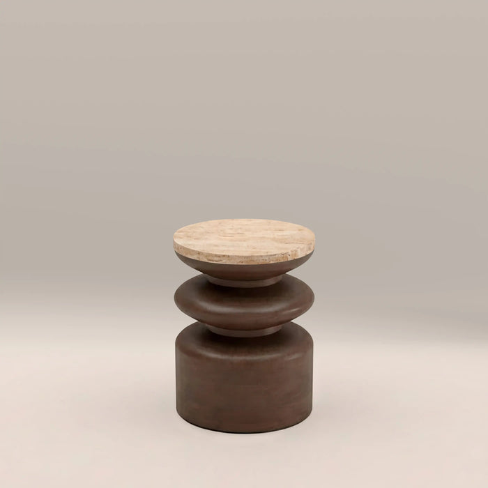 Leia Round Side Table Natural Travertine & Walnut