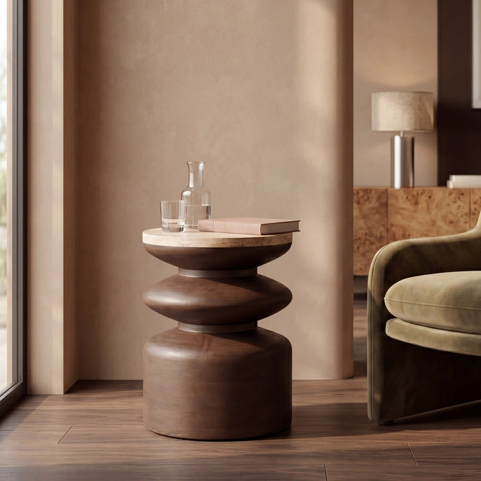 Leia Round Side Table Natural Travertine & Walnut