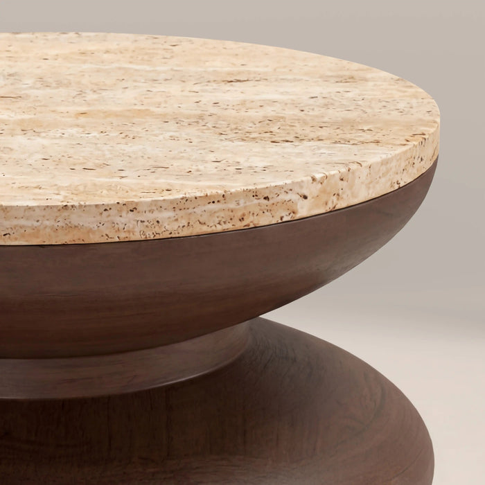 Leia Round Side Table Natural Travertine & Walnut