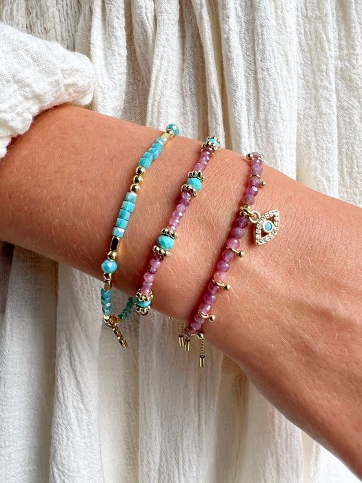 Santa Cruz Turquoise & Pink Tourmaline Gold Stacking Bracelet