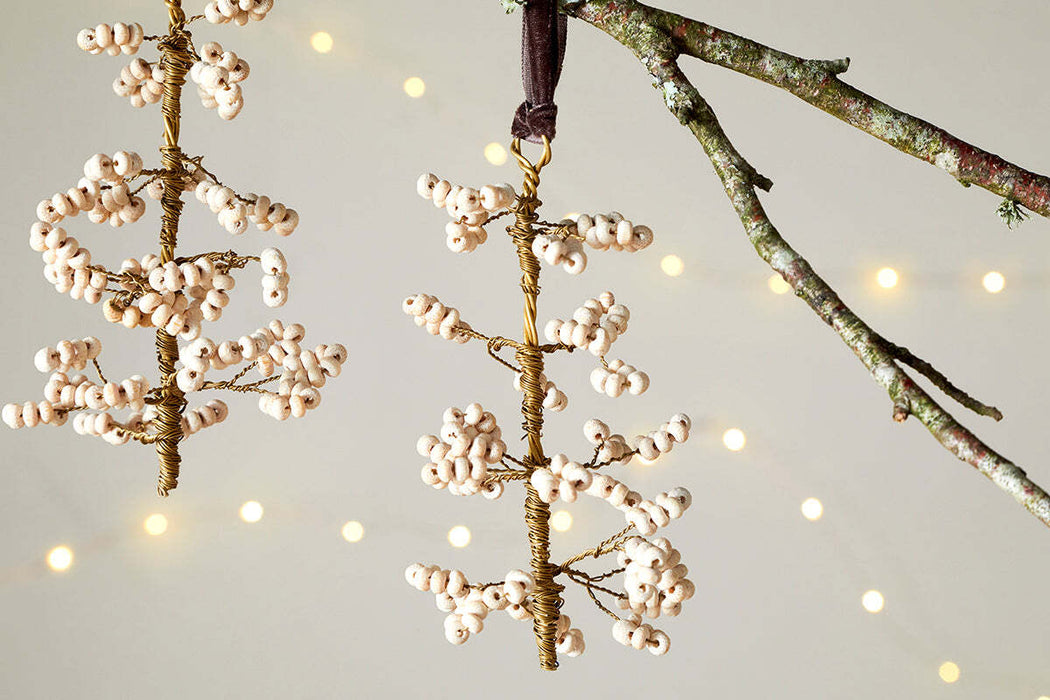 Tanu Mango Wood Beaded Baubles Brass Natural Set Of 3
