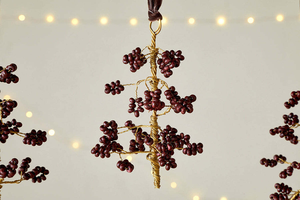 Tanu Mango Wood Beaded Baubles Brass Ruby Set Of 3