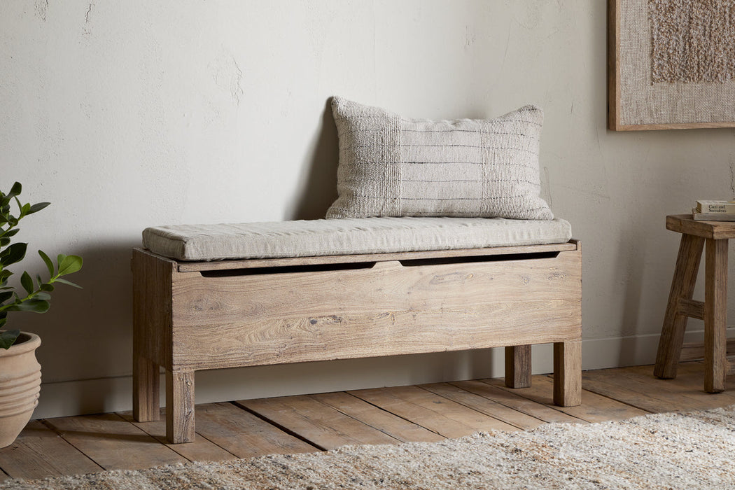 Teni Reclaimed Wood Storage Bench With Upholstered Linen Cushion Natural