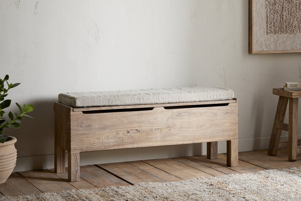 Teni Reclaimed Wood Storage Bench With Upholstered Linen Cushion Natural