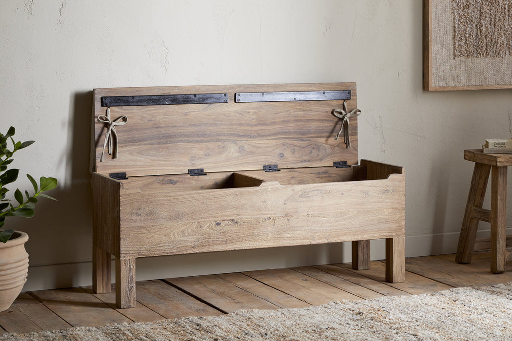 Teni Reclaimed Wood Storage Bench With Upholstered Linen Cushion Natural