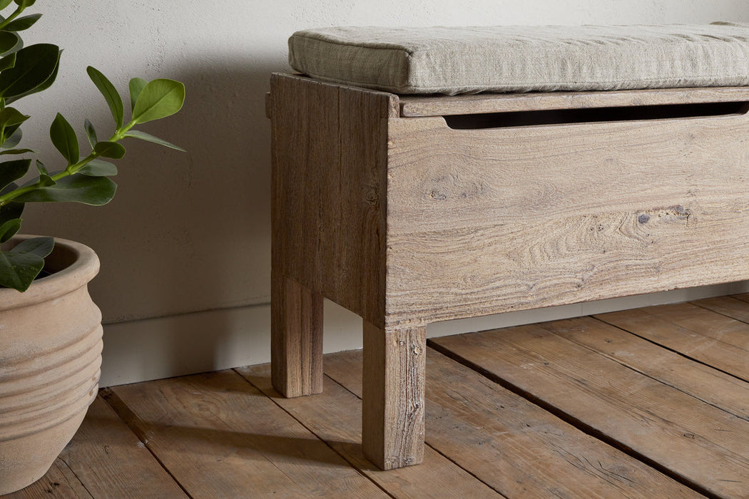 Teni Reclaimed Wood Storage Bench With Upholstered Linen Cushion Natural