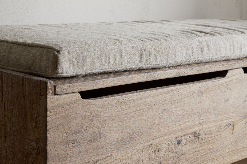 Teni Reclaimed Wood Storage Bench With Upholstered Linen Cushion Natural