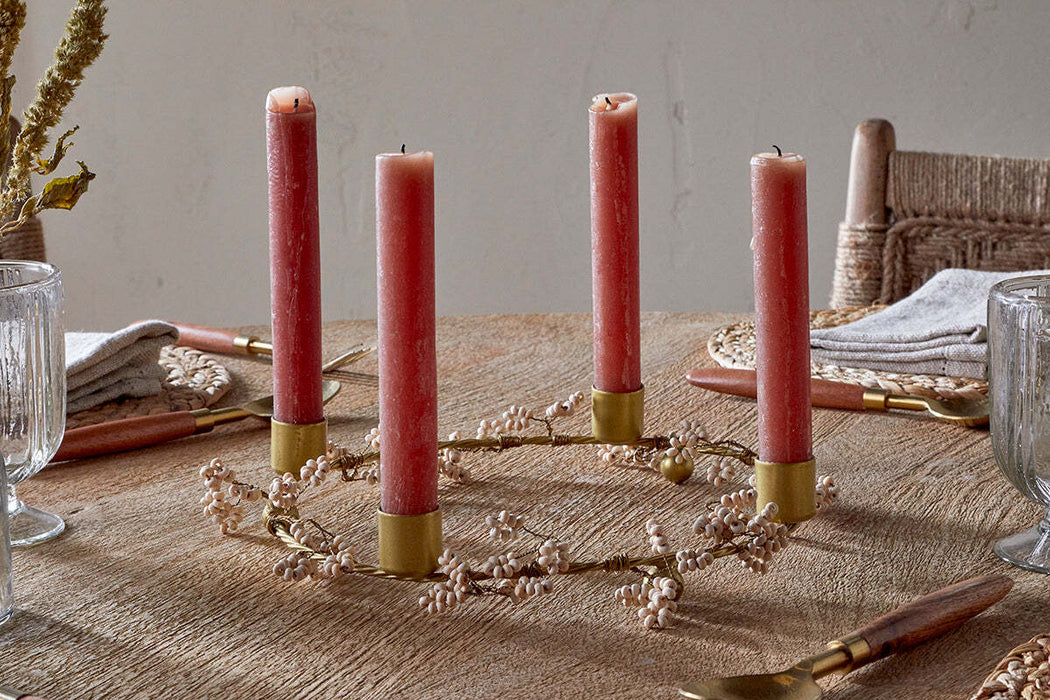 Tanu Mango Wood Beaded Candle Holder Brass Natural