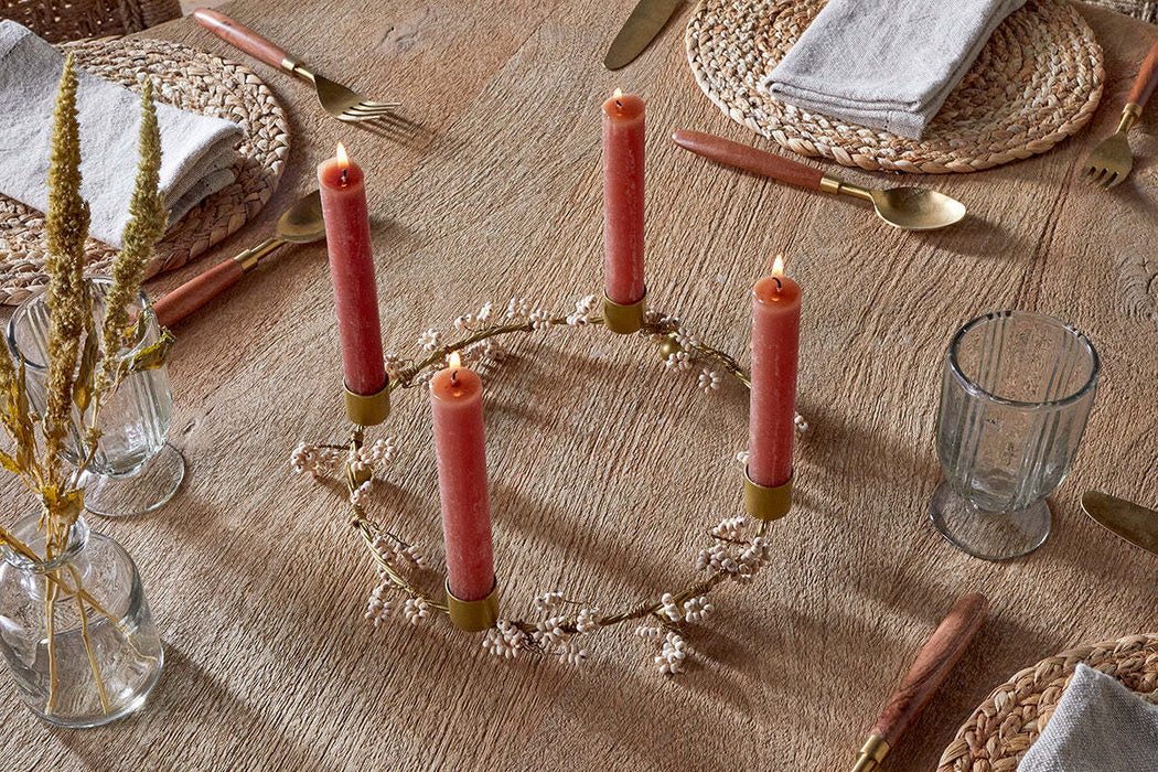 Tanu Mango Wood Beaded Candle Holder Brass Natural