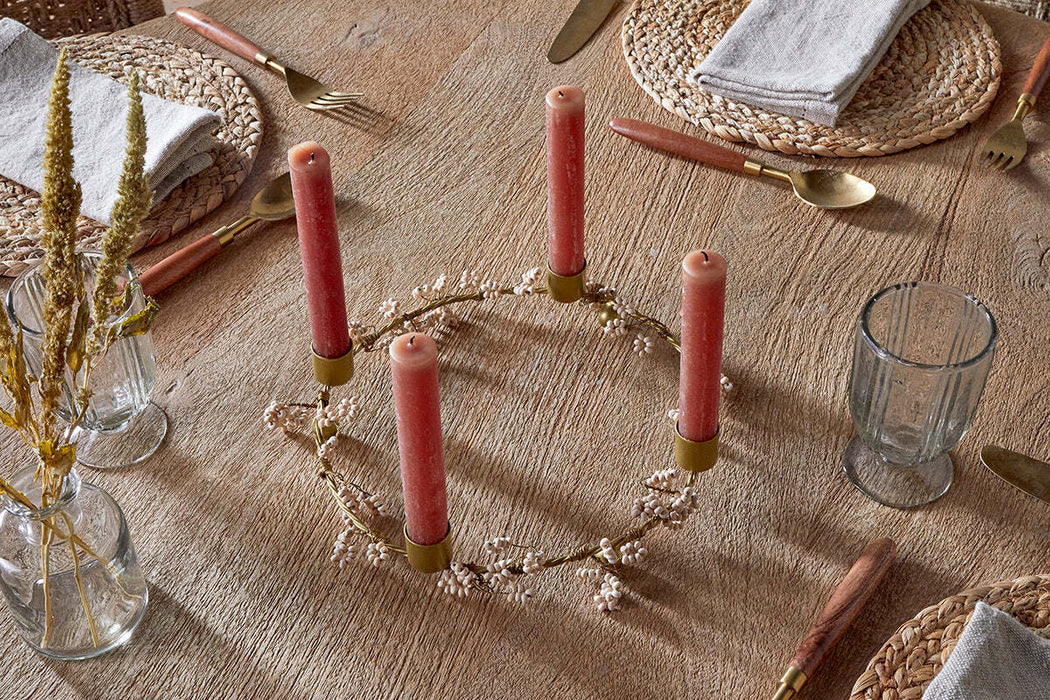 Tanu Mango Wood Beaded Candle Holder Brass Natural