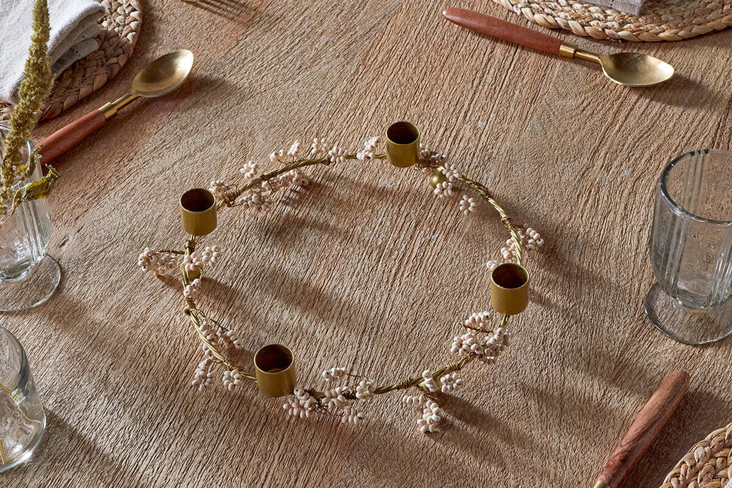 Tanu Mango Wood Beaded Candle Holder Brass Natural