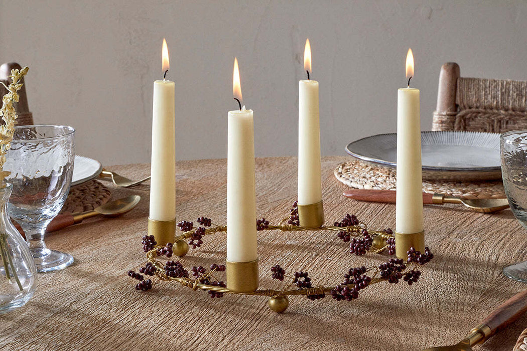 Tanu Mango Wood Beaded Candle Holder Brass Ruby