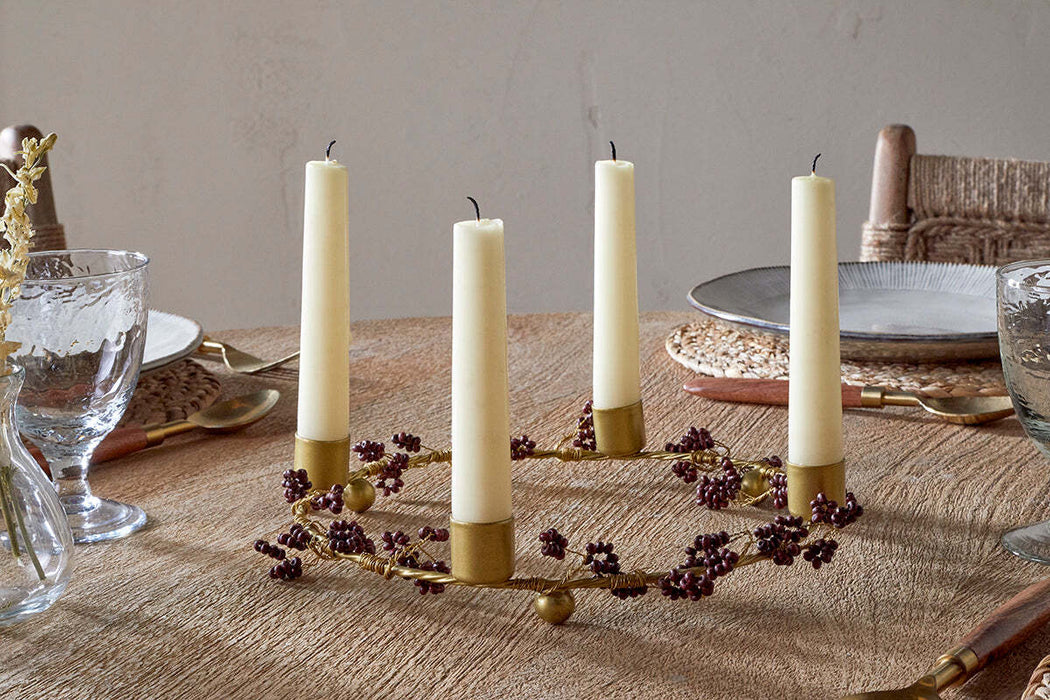 Tanu Mango Wood Beaded Candle Holder Brass Ruby
