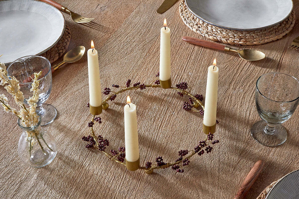 Tanu Mango Wood Beaded Candle Holder Brass Ruby
