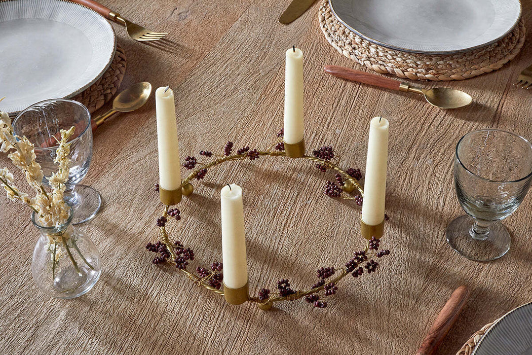 Tanu Mango Wood Beaded Candle Holder Brass Ruby