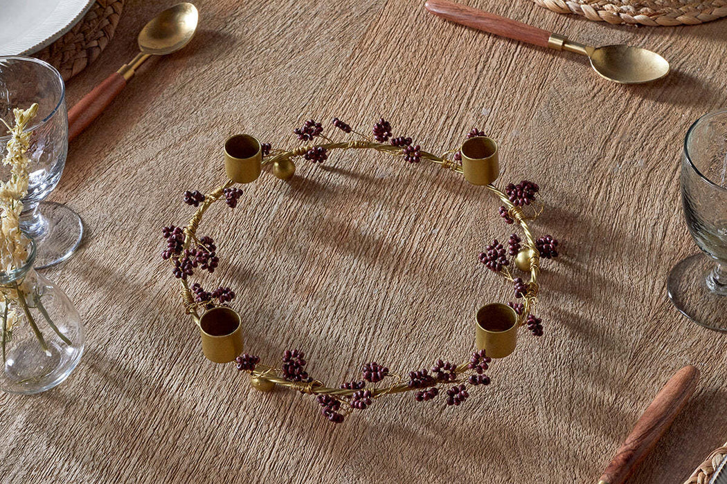 Tanu Mango Wood Beaded Candle Holder Brass Ruby