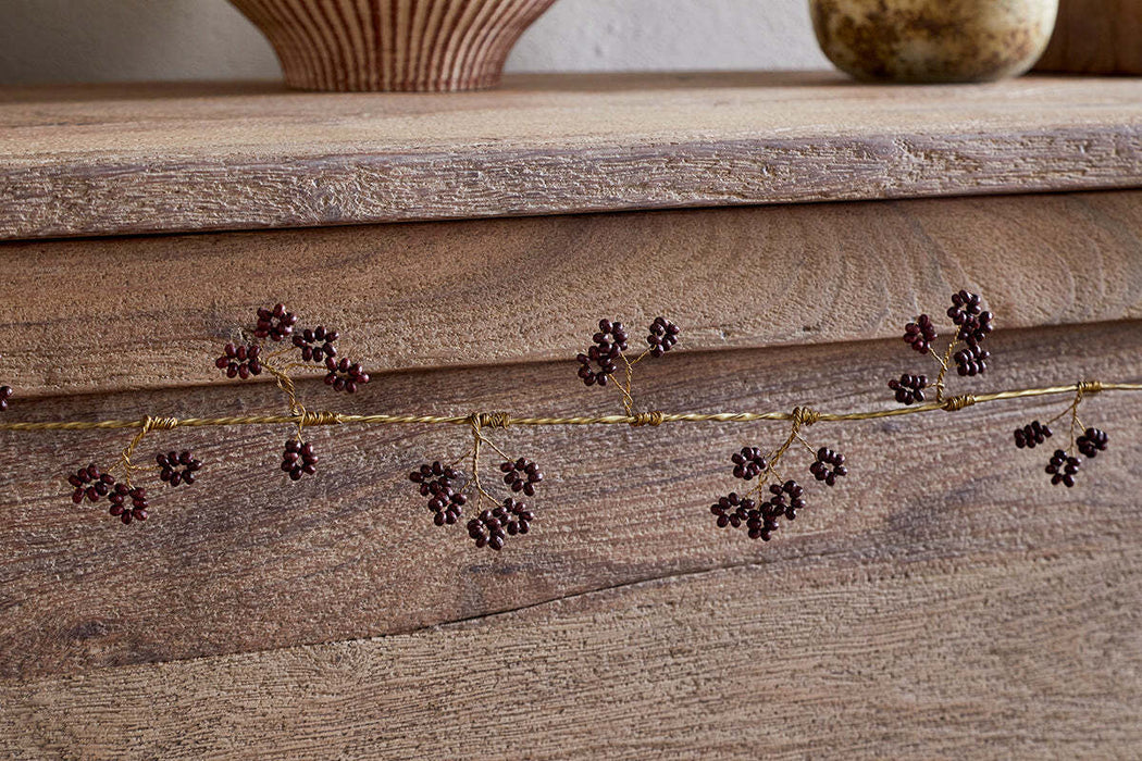 Tanu Mango Wood Beaded Garland Brass Ruby