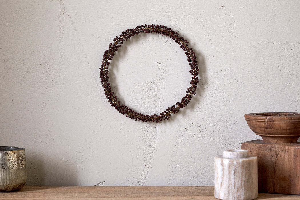 Tanu Mango Wood Beaded Wreath Brass Ruby
