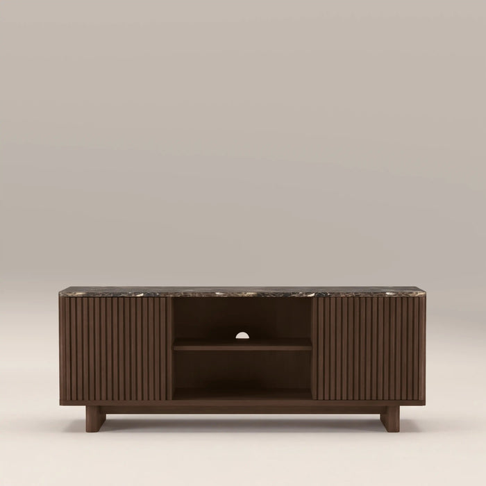 Janis 2 Door TV Stand Emperador Brown Honed Marble & Walnut