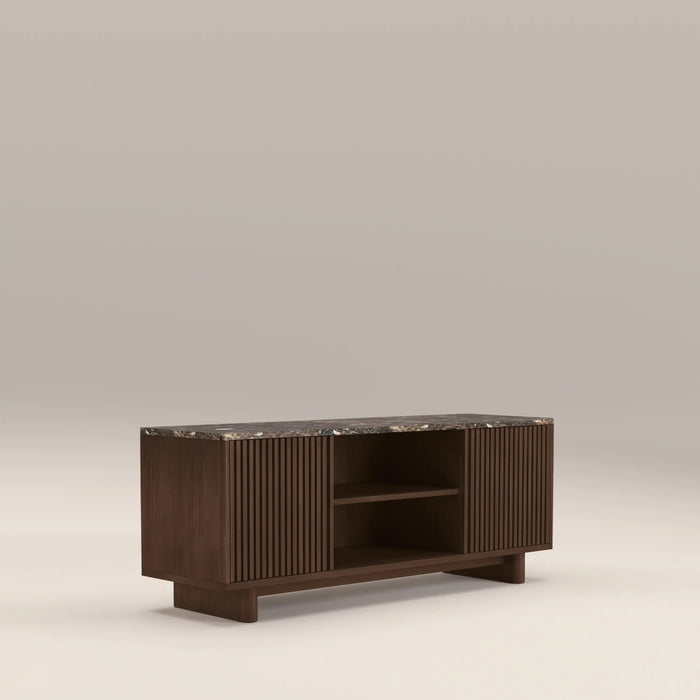 Janis 2 Door TV Stand Emperador Brown Honed Marble & Walnut