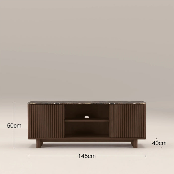 Janis 2 Door TV Stand Emperador Brown Honed Marble & Walnut