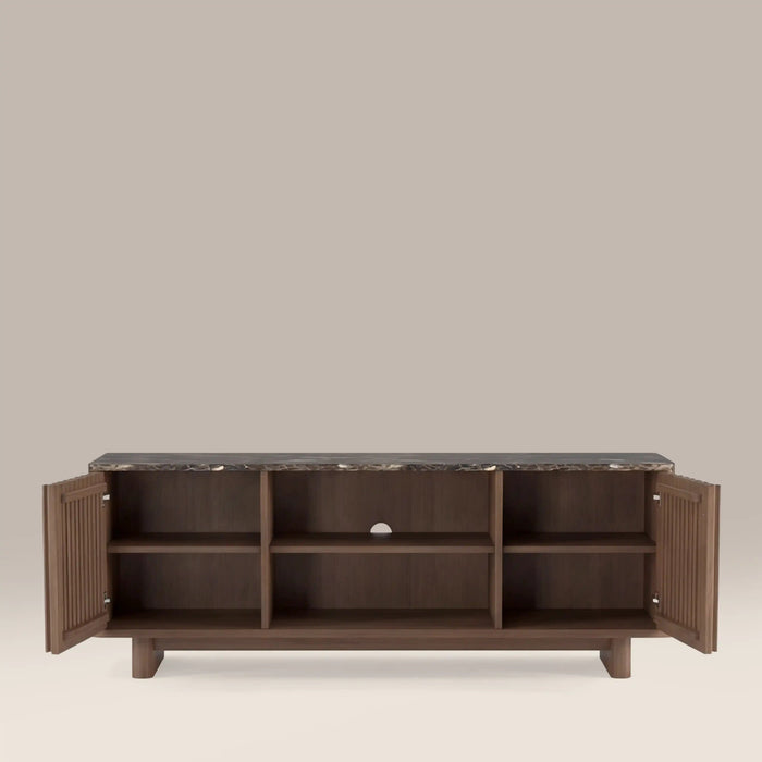 Janis 2 Door TV Stand Emperador Brown Honed Marble & Walnut