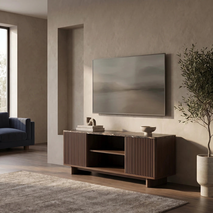 Janis 2 Door TV Stand Emperador Brown Honed Marble & Walnut