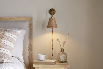 Vattu Mango Wood Plug In Wall Lamp - Natural & Antique Brass