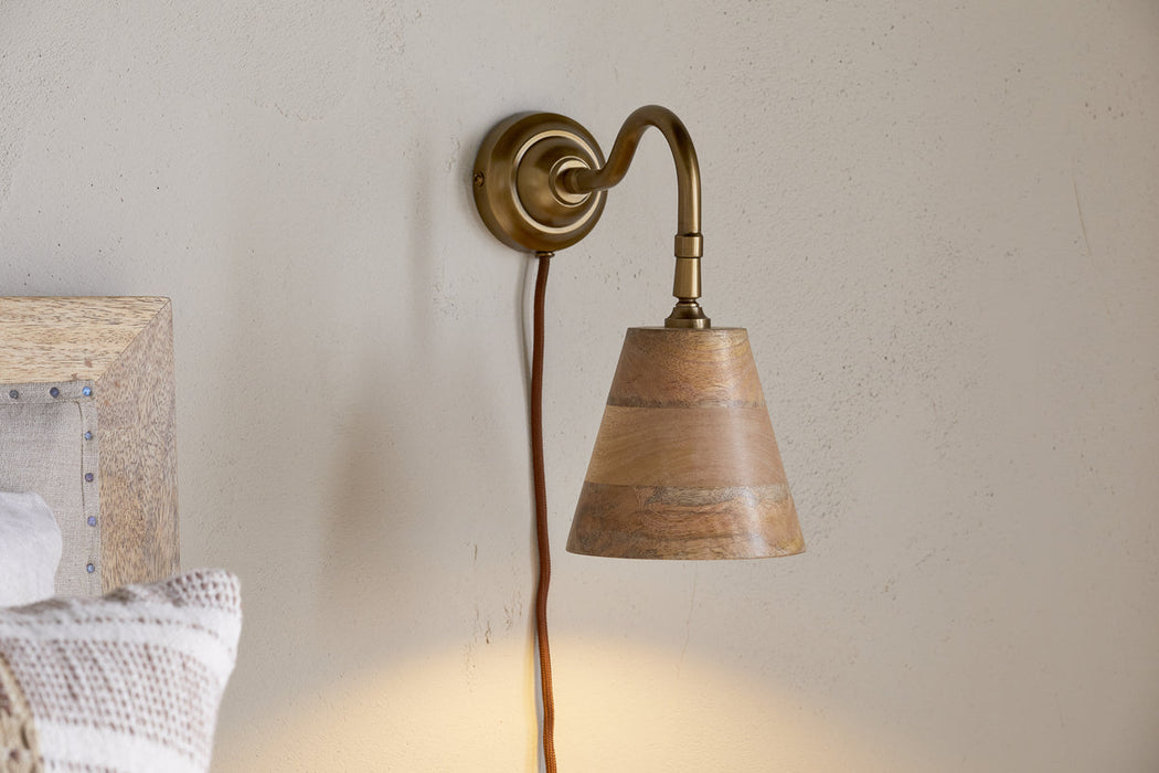 Vattu Mango Wood Plug In Wall Lamp Natural Antique Brass