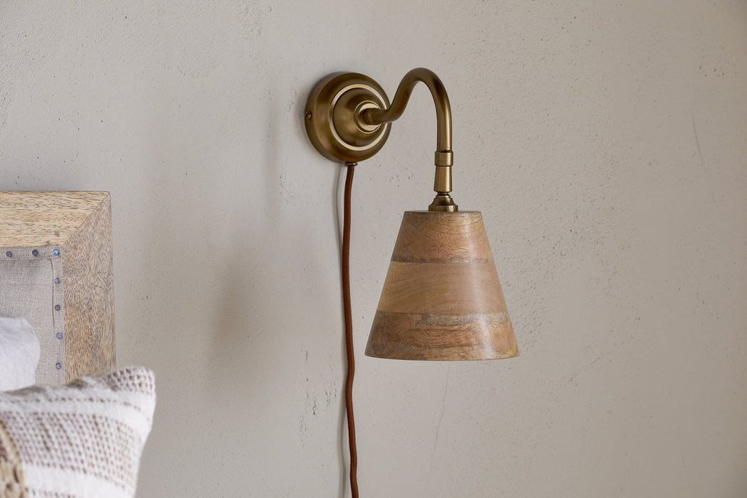 Vattu Mango Wood Plug In Wall Lamp Natural Antique Brass
