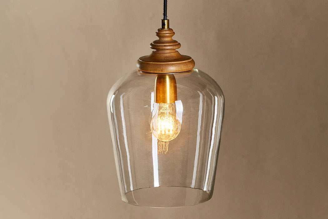 Varuna Mango Wood Glass Pendant Lamp Natural Clear