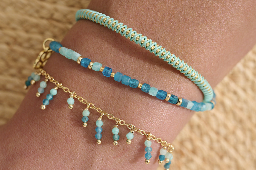 Violet Amazonite and Apatite Gold Bead Bracelet