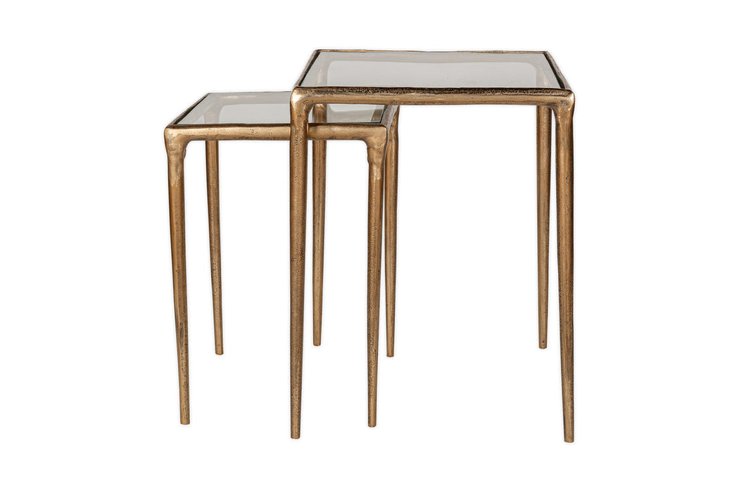 Gilasi Cast Metal & Glass Nesting Side Tables - Antique Brass Set of 2