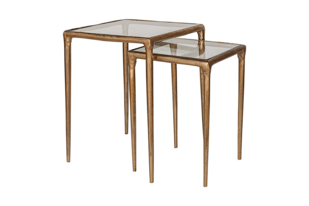 Gilasi Cast Metal & Glass Nesting Side Tables - Antique Brass Set of 2