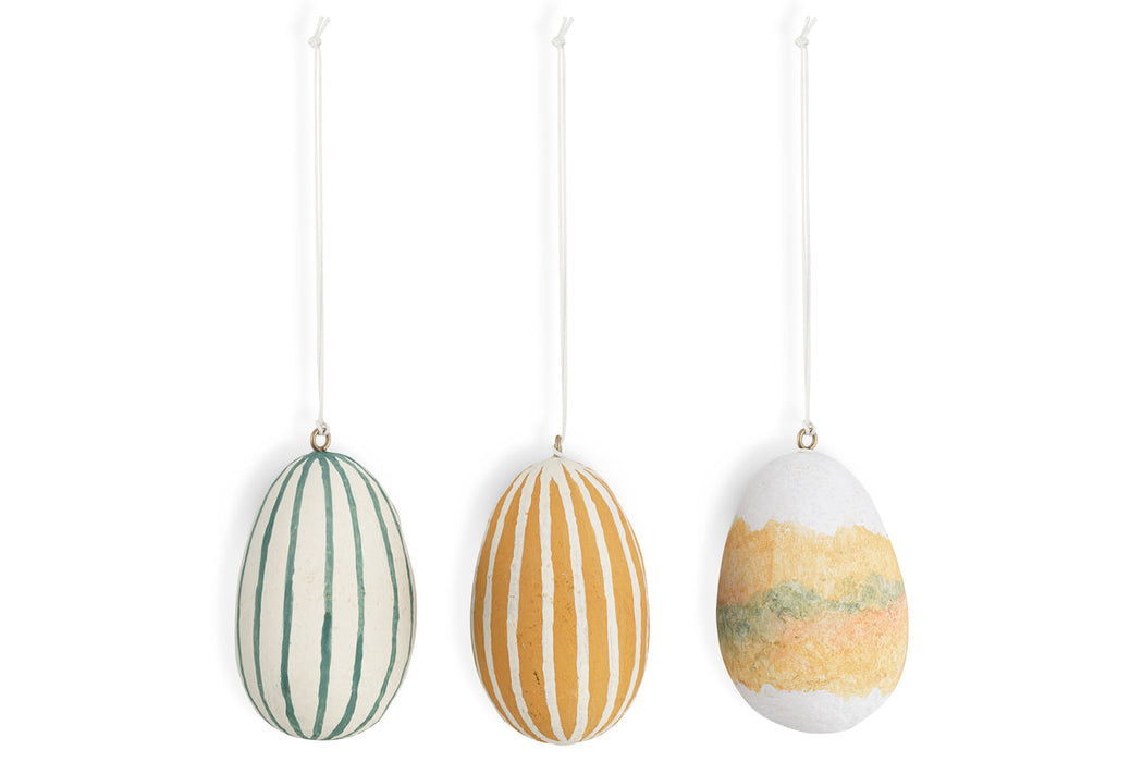 Terra Hand Painted Recycled Cotton Paper Hanging Egg Teal Cream Ochre Set Of 3