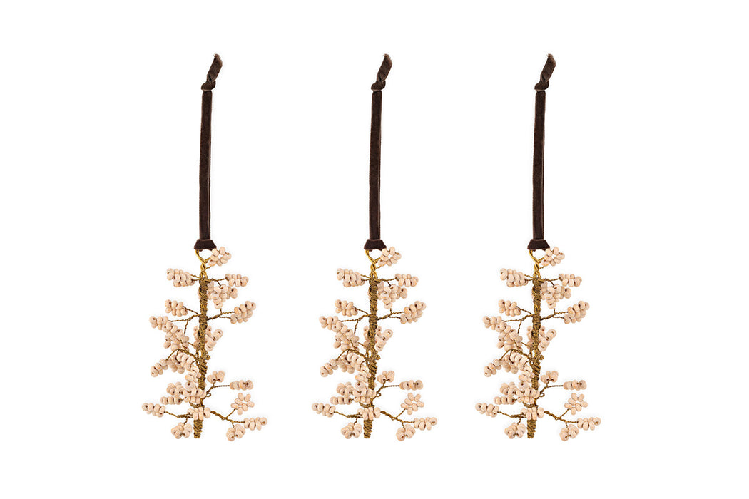 Tanu Mango Wood Beaded Baubles Brass Natural Set Of 3