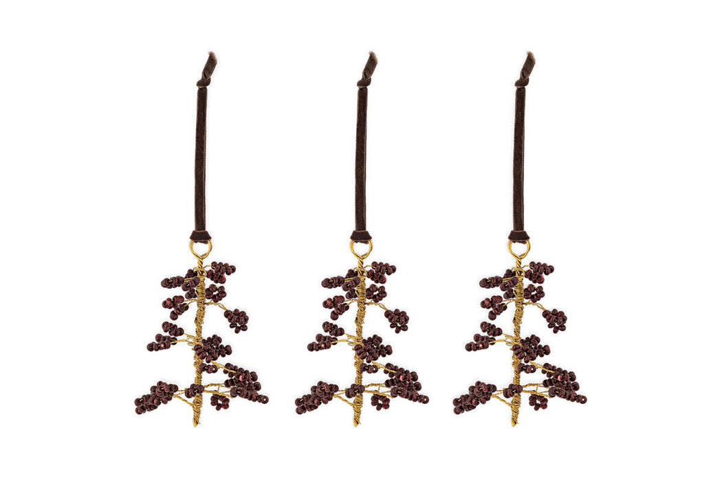 Tanu Mango Wood Beaded Baubles Brass Ruby Set Of 3