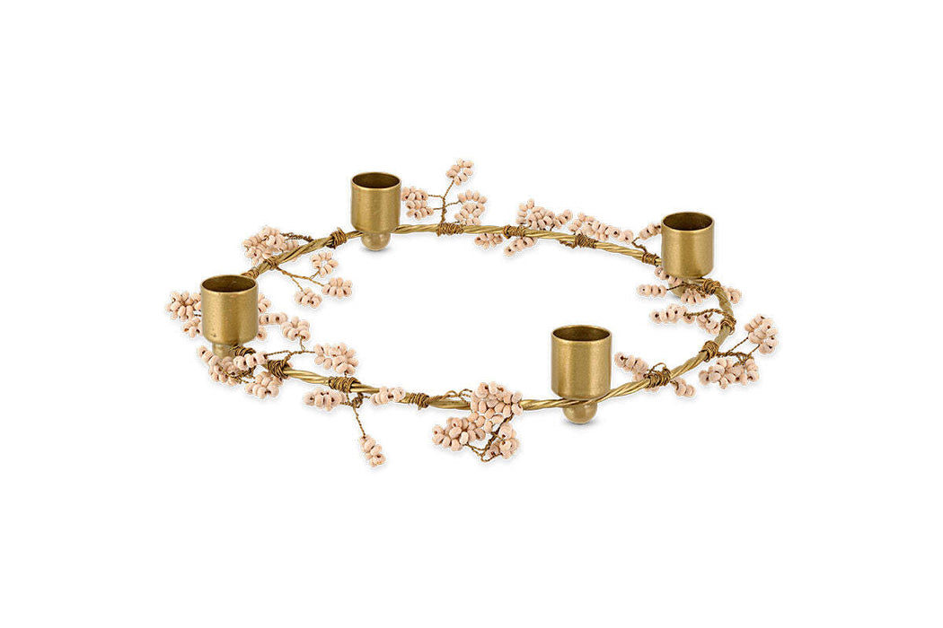 Tanu Mango Wood Beaded Candle Holder - Brass & Natural