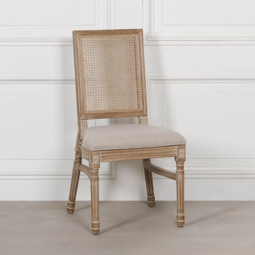 Wooden Louis Upholstered Square Rattan Back Dining Chair