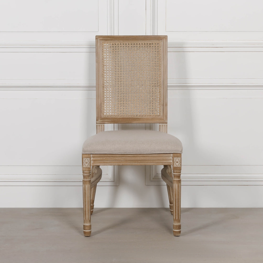 Wooden Louis Upholstered Square Rattan Back Dining Chair