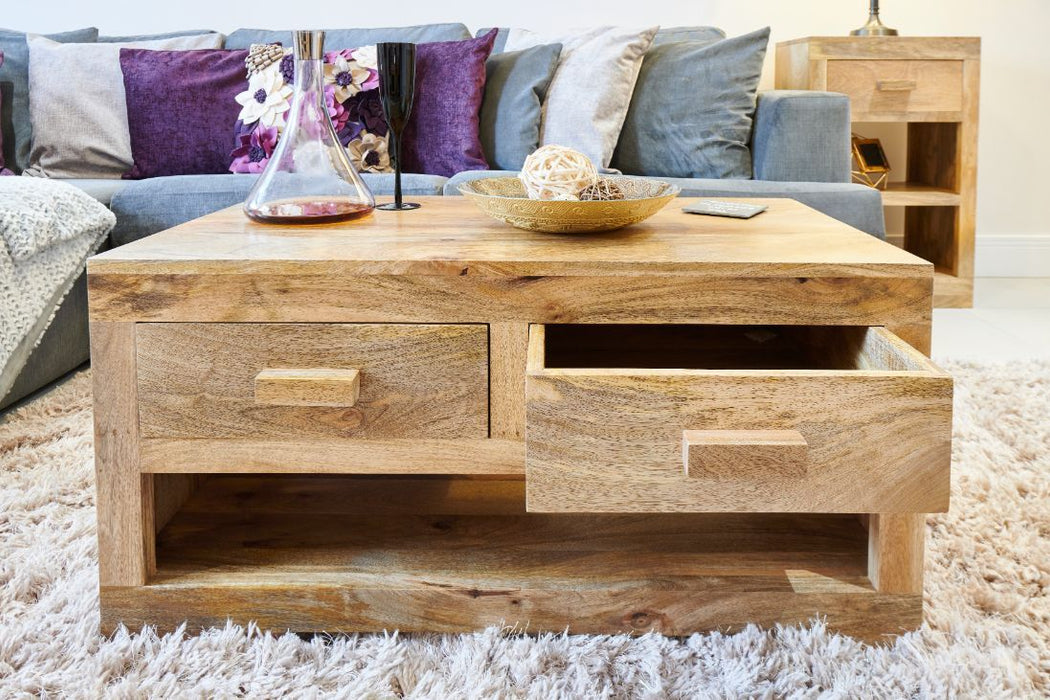 Light Mango Wood 90cm 2 Drawer Coffee Table - In Stock