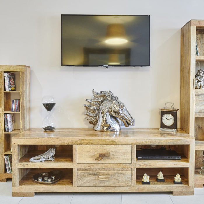 Light Mango Wood 170cm 2 Drawer Media Unit - In Stock