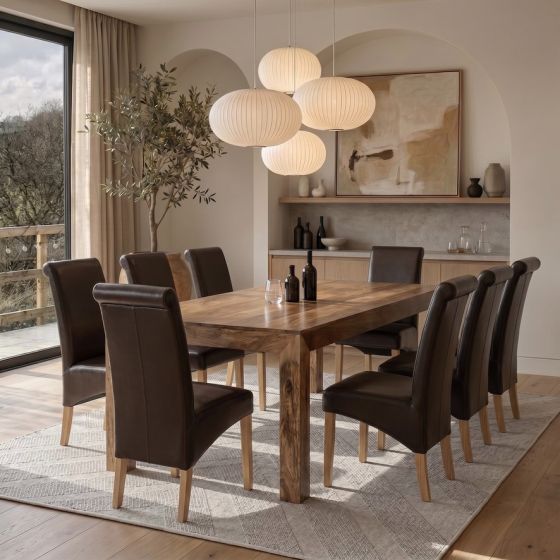 Acre & Artisan Solid Wood Light 220Cm Dining Table 8 Leather Rollback Chairs