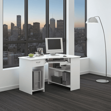 Amos Mann White Corner Desk with Drawer and Shelves
