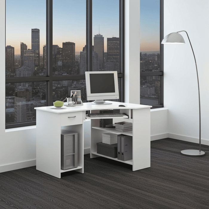 White Corner Desk with Drawer and Shelves